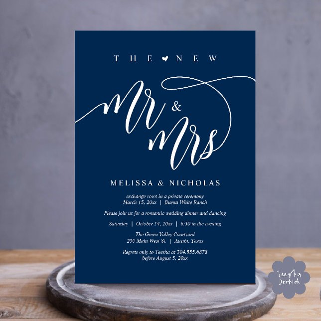 Invitation Le nouveau dîner de mariage moderne Mr et Mrs (The New Mr and Mrs, Modern Romantic Wedding Dinner Party Invites Minimalist Card PDF in Navy blue)