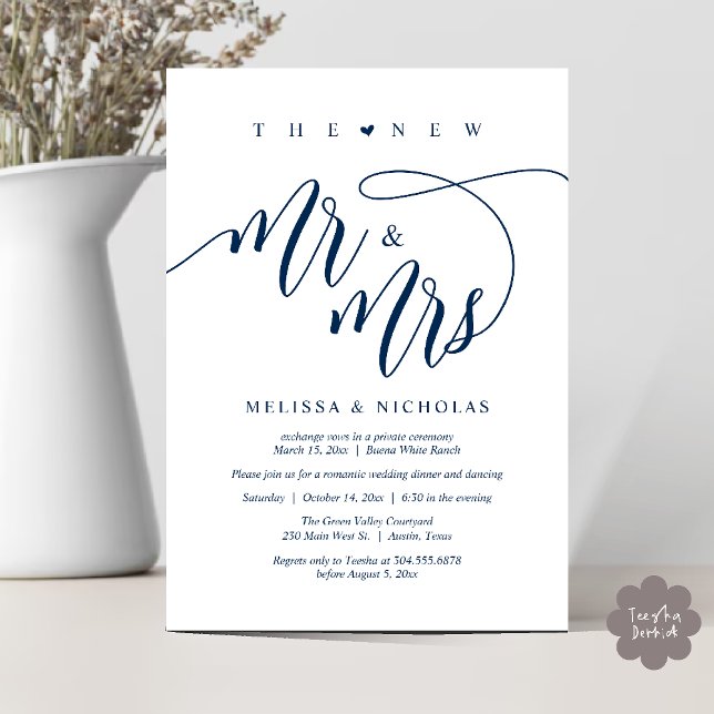 Invitation Le nouveau dîner de mariage moderne Mr et Mrs (The New Mr and Mrs, Modern Romantic Wedding Dinner Party Invites Minimalist Card PDF in Navy blue)