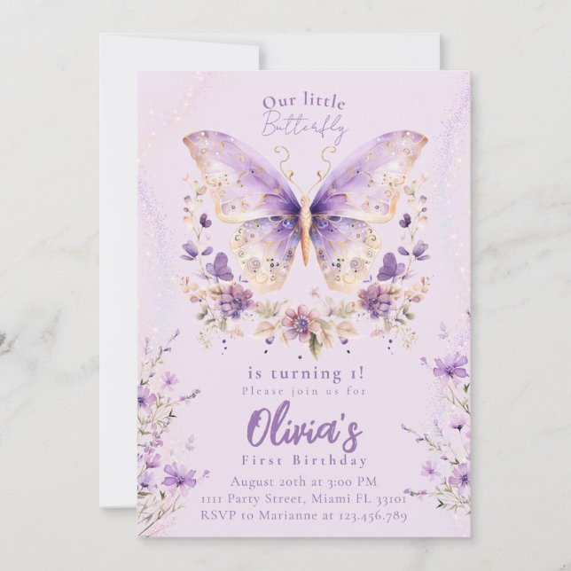 Invitation Le papillon pourpre atteint un 1er anniversaire (Devant)
