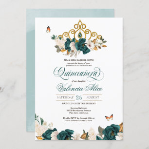 Invitation Le papillon Rose vert émeraude Tiara Quinceanera