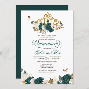 Invitation Le papillon Rose vert émeraude Tiara Quinceanera