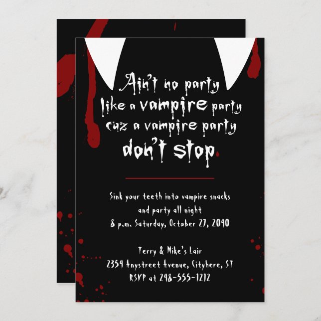 Invitation Le parti des vampires n'arrête pas Halloween (Devant / Derrière)