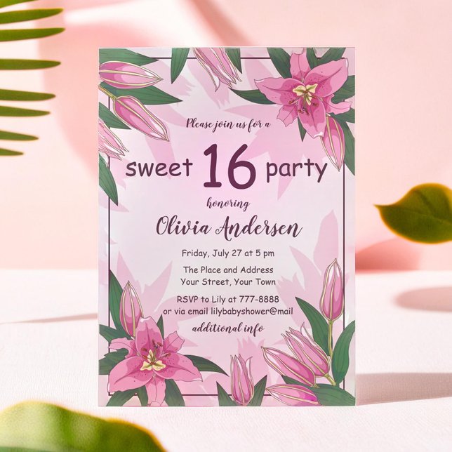 Invitation Le parti Sweet sixteen est le clou de la floraison (Pink Blooming Lilies Sweet Sixteen Party Invitation)