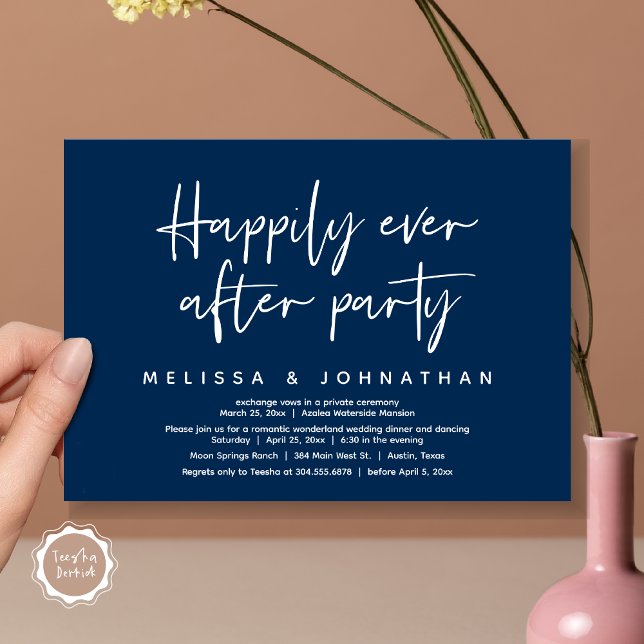 Invitation Le Pays des merveilles romantique Joyeusement Aprè (Romantic Wonderland Happily Ever After Party Invitation Card, PDF, Modern Minimalist, Navy Blue)