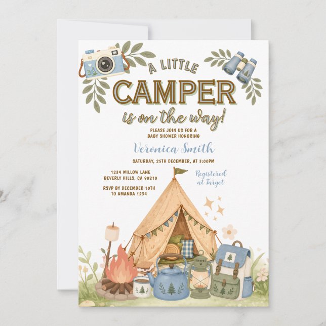 Invitation Le Petit Campeur Bleu est en route Fête de Bébé Ga (Devant)