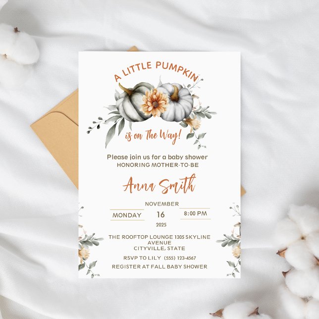Invitation Le petit Citrouille est sur le chemin Baby shower  (simple clean minimal little pumpkin baby shower girl boy twin chic fall autumn thanksgiving theme)