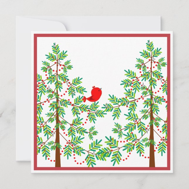 Invitation Le Petit Oiseau rouge dans une fête de Noël (Devant)
