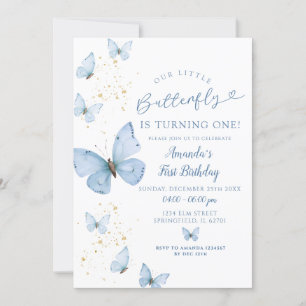Invitation Le petit papillon bleu or tourne un anniversaire