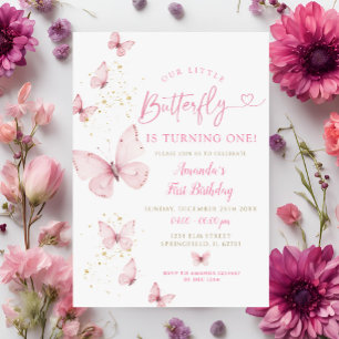 Invitation Le petit papillon rose Gold devient un anniversair