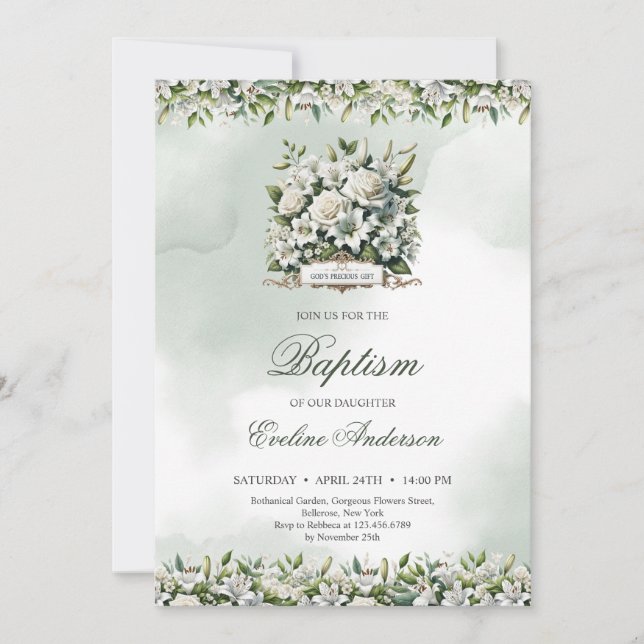 Invitation Le précieux don de Dieu vert et or Baptême (Devant)
