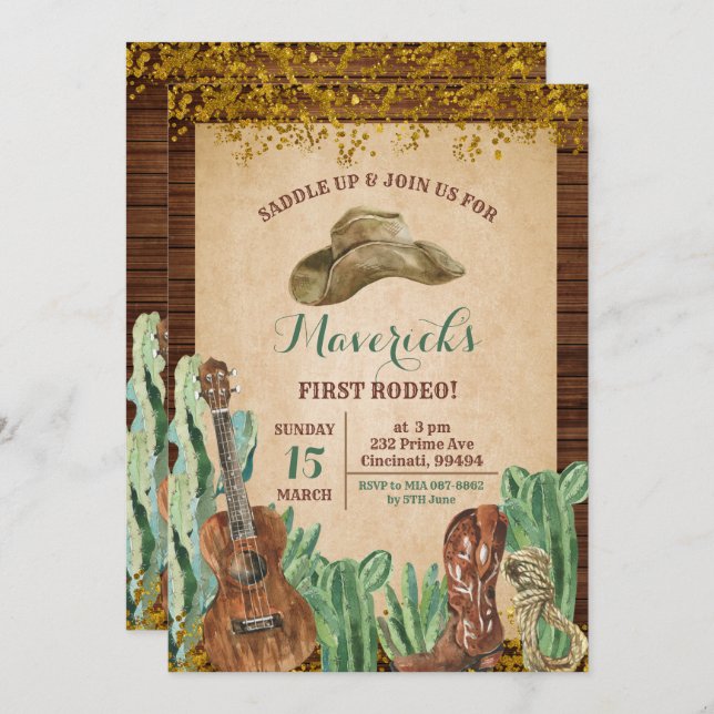 Invitation Le premier anniversaire de Rodéo du garçon Texas W (Devant / Derrière)