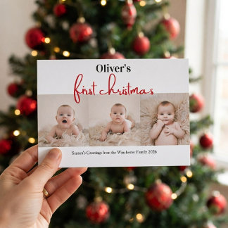 Invitation Le premier Noël de bébé en carreaux verts et rouge