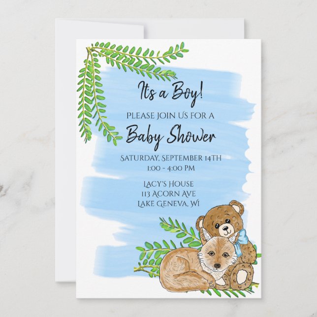 Invitation Le renard et l'ours en peluche et le Baby shower d (Devant)