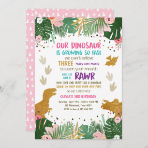 Invitation Le rose d'or de fille d'anniversaire de dinosaure
