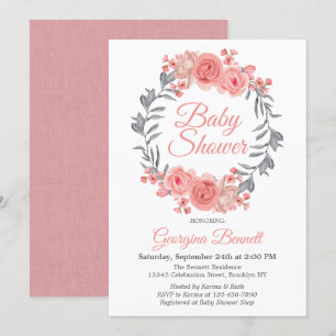 Invitation Le rose élégant rougissent baby shower floral gris