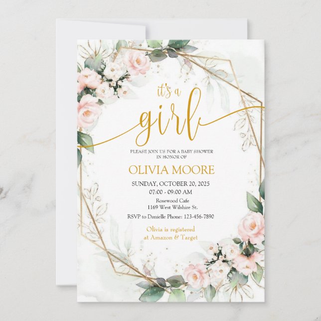 Invitation Le rose et l'or c'est une fille Baby shower floral (Devant)