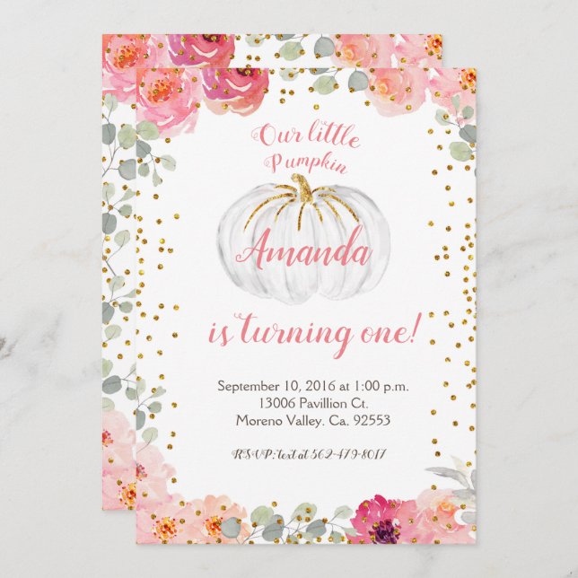 Invitation Le rose et l'or de fille notre citrouille tourne (Devant / Derrière)