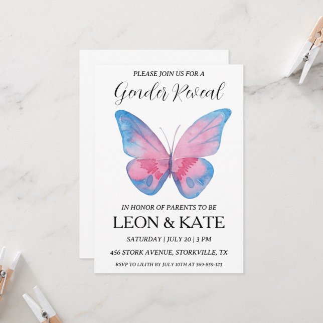 Invitation le rose moderne et le bleu du genre révèlent des i (Devant/Arrière en situation)