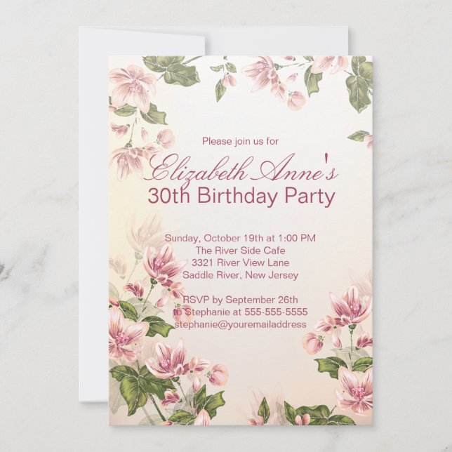 Invitation Le rose vintage fleurit la fête d'anniversaire (Devant)