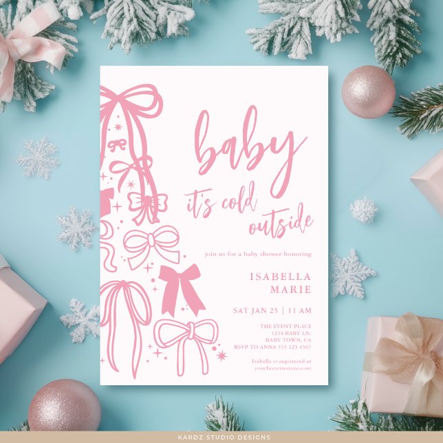 Invitation Le Ruban Rose Bows Baby Son Baby shower Froid Exté (Front of invite in 5 x 7 inches with squared corners. Personalize and choose paper + corner style.)