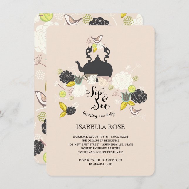 Invitation Le Sip floral chic d'oiseaux de fleurs et voient (Devant / Derrière)