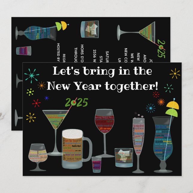 Invitation Le soir du Nouvel An autour du monde, cocktails (Devant / Derrière)