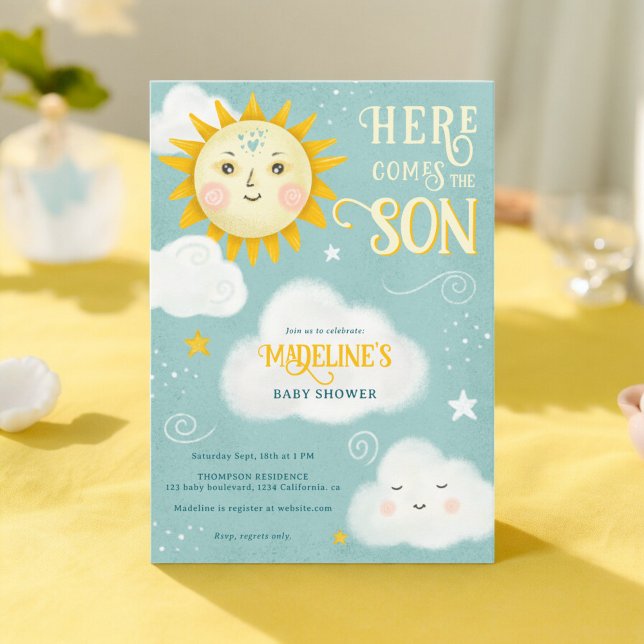 Invitation Le soleil lunaire rétro vient ici le baby shower f (Retro whimsical Sun here comes the son baby shower Invitation)