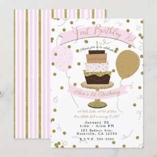 Invitation Le sucre rose et or est sucré 1er gâteau d'anniver