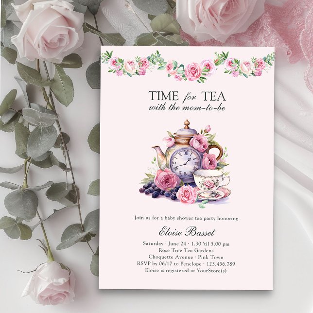 Invitation Le temps du thé avec le Baby shower rose Maman-to- (Time for Tea Baby Shower Invitation Vintage Tea Party Baby Shower Collection)