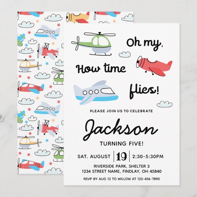 Invitation Le temps vole Avion Hélicoptère Anniversaire N'imp (Devant / Derrière)