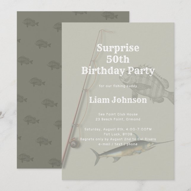 Invitation Le thème de la pêche Sa fête d'anniversaire surpri (Devant / Derrière)