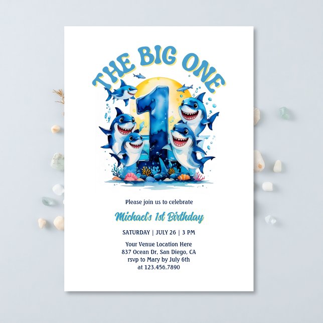 Invitation Le thème du grand requin sous la mer 1er anniversa (The Big ONE First Birthday Invitation – Shark Theme Under the Sea Party Invitation)