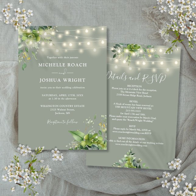 Invitation Le tout en une lumière verdoyante Sage Mariage ver (All In One Greenery Lights Sage Green Wedding Invitation)