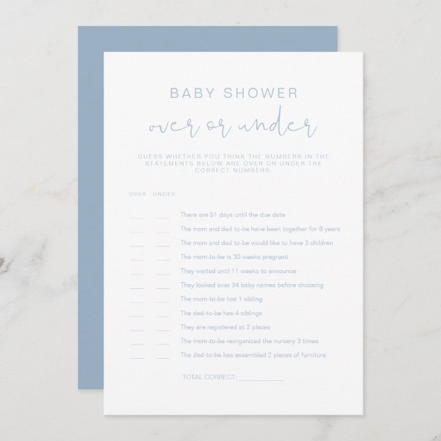 Invitation LEAH Pastel Blue Over Under Baby shower Game (Devant / Derrière)