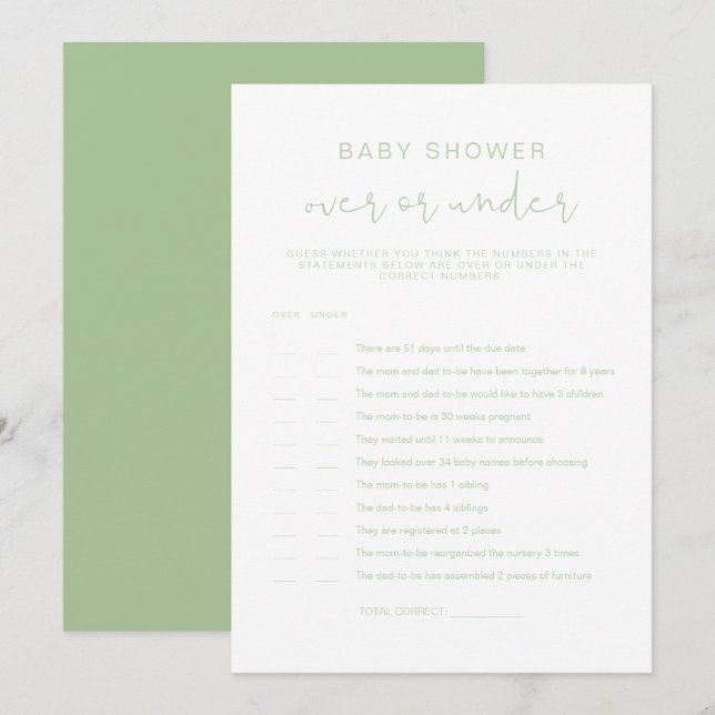 Invitation LEAH Pastel Green Over Under Baby shower Game (Devant / Derrière)