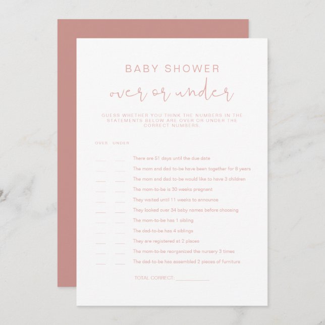 Invitation LEAH Pastel Pink Over Under Baby shower Game (Devant / Derrière)
