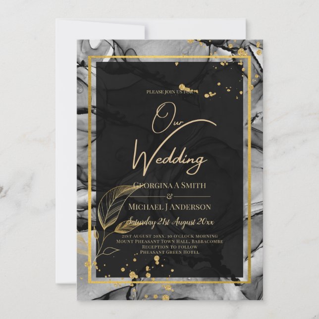 Invitation LeahG® Black Gold Alcohol Ink Wedding INVITE (Devant)