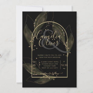 Invitation LeahG Black Gold Feuilles de mariage moderne INVIT
