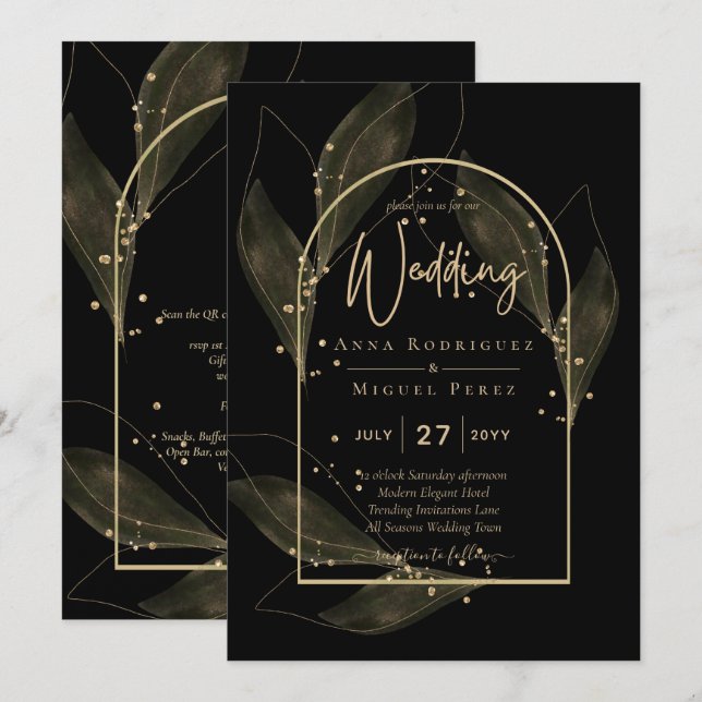 Invitation LeahG Black Gold Feuilles de mariage moderne INVIT (Devant / Derrière)