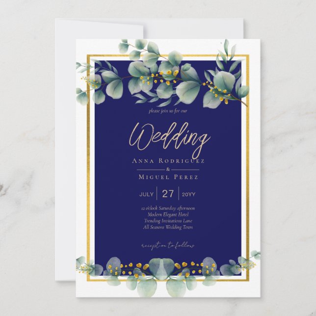 Invitation LeahG BLEU NAVY OR VERT-CUIVRE Eucalyptus Mariage (Devant)