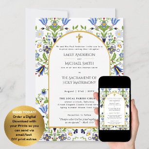 Invitation LeahG Blue Floral Messe Nuptiale Mariage catholiqu