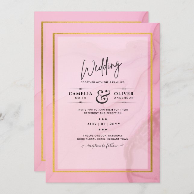 Invitation LeahG Blush Pink Gold INK Ombre Wedding INVITE (Devant / Derrière)