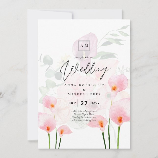 Invitation LeahG Blush rose Calla Lily Mariage Inviter Floral (Devant)