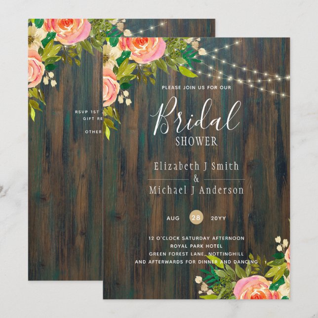 Invitation LeahG Bois Rustique Fleurs de Corail de Pêche pour (Devant / Derrière)