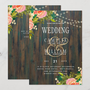 Invitation LeahG Bois Rustique Mariage Floral Corail Pêche