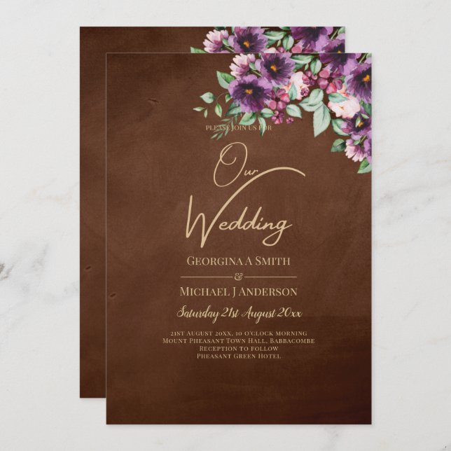 Invitation LeahG Brown Berry Plum violet Mariage automne hive (Devant / Derrière)