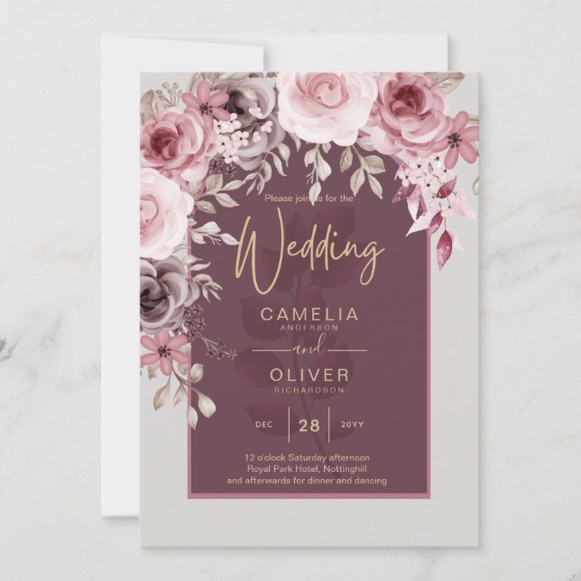 Invitation LeahG Burgundy Blush Rose Roses Mariage de automne (Devant)