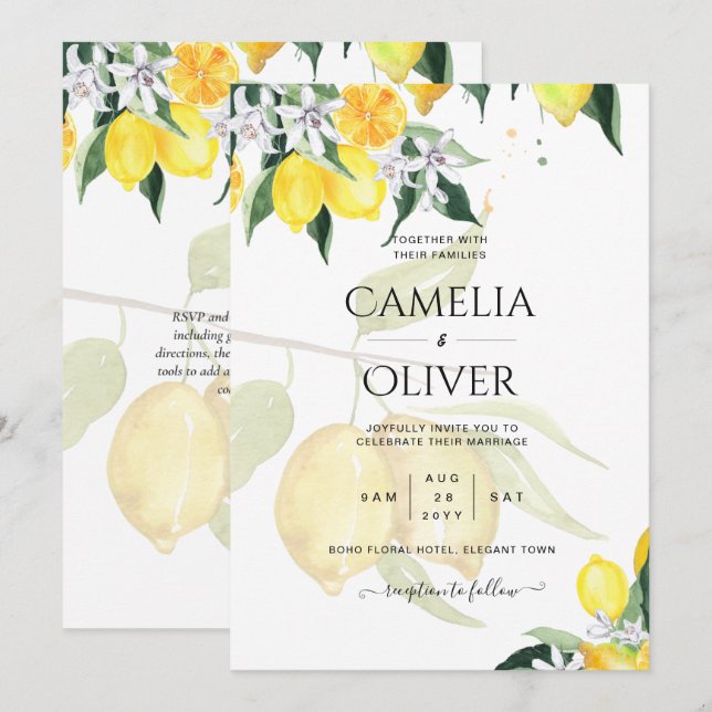 Invitation LeahG Citrus Lemons Budget Mariage Inviter Jaune (Devant / Derrière)