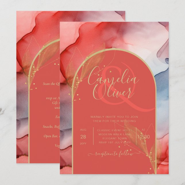 Invitation LeahG Coral Navy Blue Gold INK Wedding INVITE (Devant / Derrière)