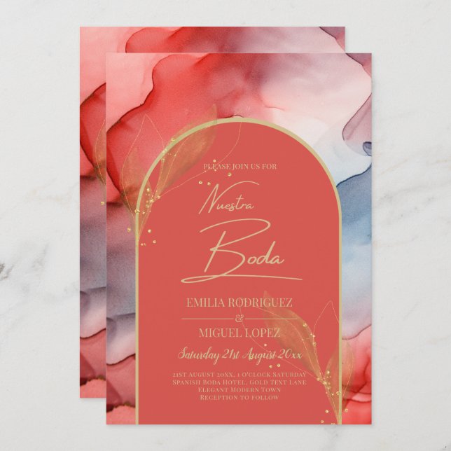 Invitation LeahG Coral Navy Blue Gold INK Wedding INVITE (Devant / Derrière)